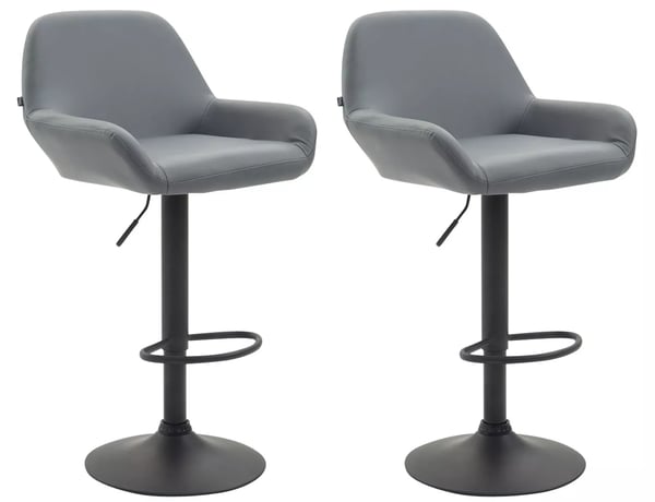 Set med 2 grå barstolar i konstläder med matt svart metallram, justerbar höjd, 360° svängbar