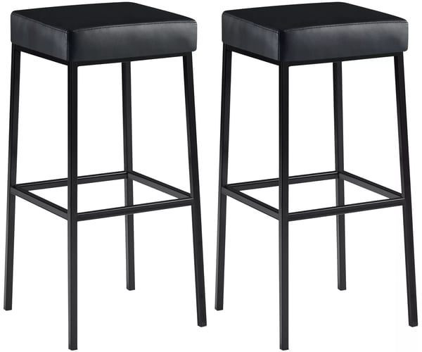 Set med 2 svarta barstolar i konstläder med metallram, 85 cm höjd