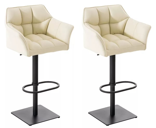 Set med 2 Damaso Barstolar - Gräddfärgat Konstläder med Metallställ, Höjdjusterbara Svängbara Sittplatser