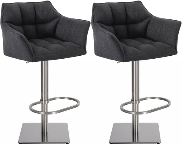 Set med 2 mörkgrå barstolar i tyg med metallram - justerbar höjd och svängbar