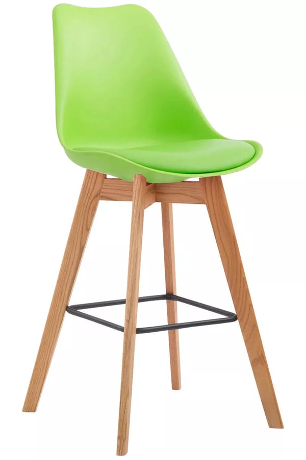 Set med 2 Metz Barstolar - Grön Plast sits, Ek Trästomme, Vadderad sits & rygg, 76cm Sitthöjd