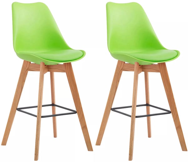 Set med 2 Metz Barstolar - Grön Plast sits, Ek Trästomme, Vadderad sits & rygg, 76cm Sitthöjd