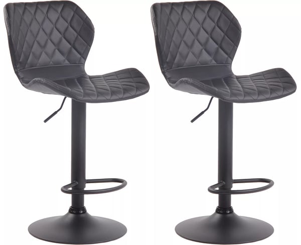 Set med 2 svarta barstolar i konstläder med metallfot, höj- och sänkbar samt svängbar