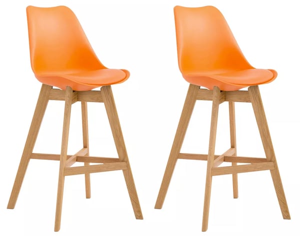 Set med 2 Cannes barstolar, naturlig plastsits med orange konstläder, träram