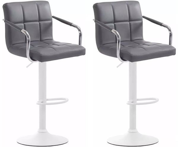 Set med 2 grå barstolar i konstläder med metallställ - Justerbar höjd, svängbar, fotstöd