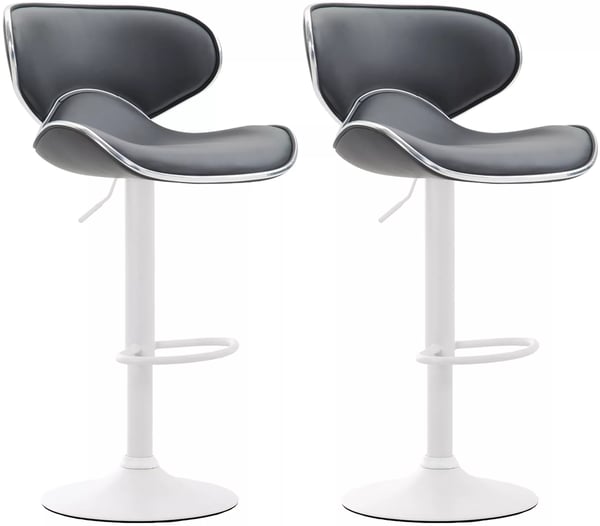 Set med 2 grå barstolar i konstläder med metallram i kromlook