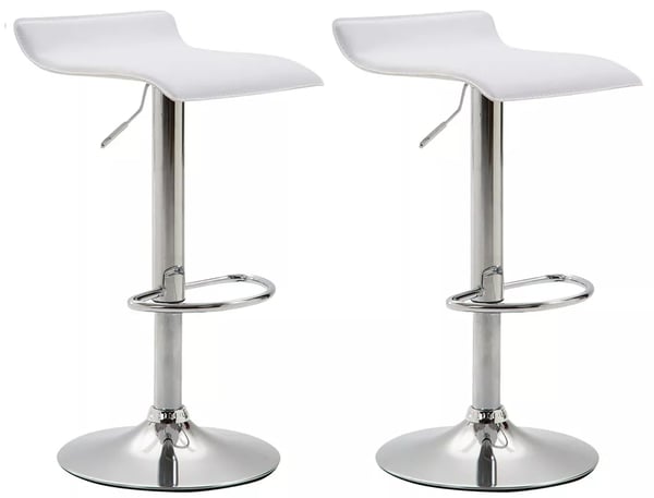 Set med 2 vita barstolar i konstläder med metallbas, justerbar höjd, snurrbar sits och fotstöd