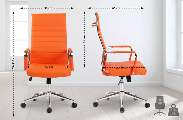 Orange kontorstol i kunstlæder Kolumbus med metalstel i krom-look