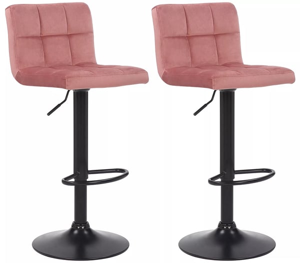 Set med 2 Feni Barstolar i Sammet, Rosa, Matt Svart Metallbas - Höj- och Sänkbara Barstolar för Kök, Bar och Vardagsrum