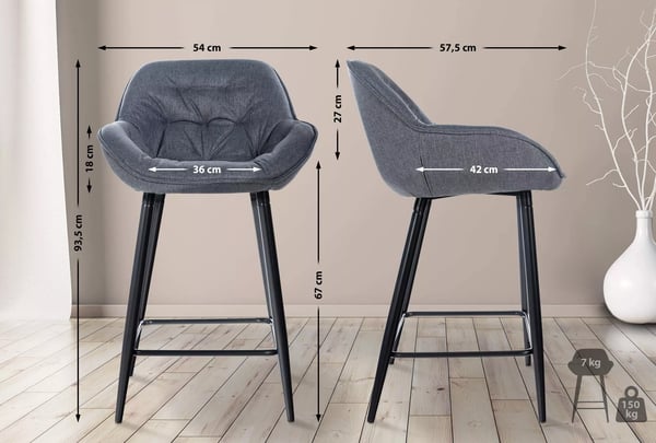 Gibson stof barstol - grå med mat sort metalstel