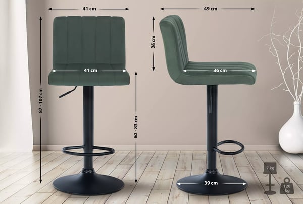 Jamie grøn fløjl barstol med mat sort metalramme - justerbar drejelig barstol