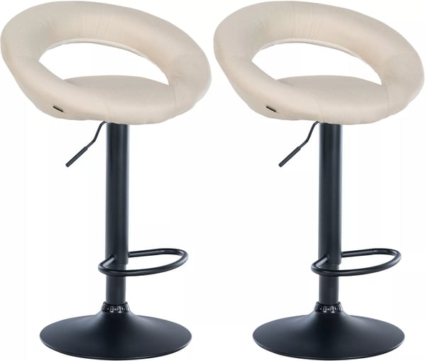 Set med 2 gräddfärgade barstolar i tyg med metallfot, justerbar höjd