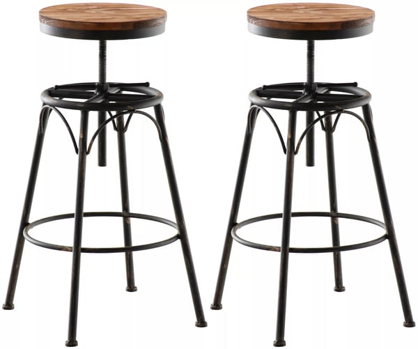 Set med 2 Beam Industriella Barstolar med Höjdjustering och Massiva Träsitsar, Bronsfärgad Metallram (42 x 42 x 70-90 cm)