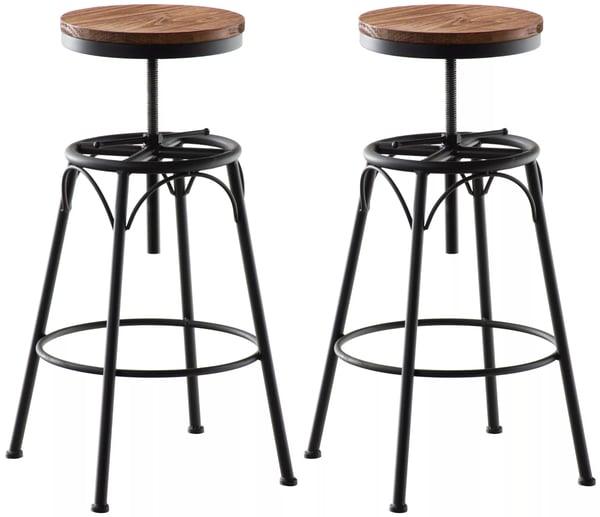 Set med 2 justerbara snurrbara barstolar i svart metall och lövträ - Industristil, höjd 70-90 cm