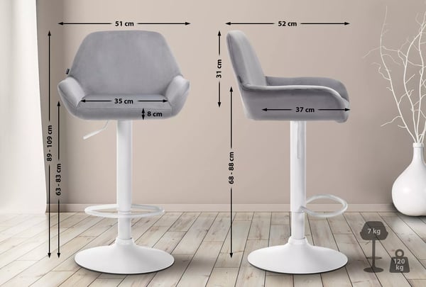 Braga Grå Fløjl Barstol med Metalstel, Højdejusterbar, Drejesæde, Fodstøtte
