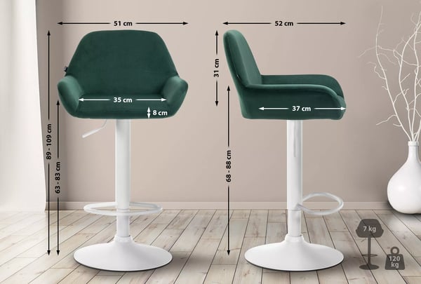 Mørkegrøn fløjl barstol med justerbar højde og 360° drejelig metalfod