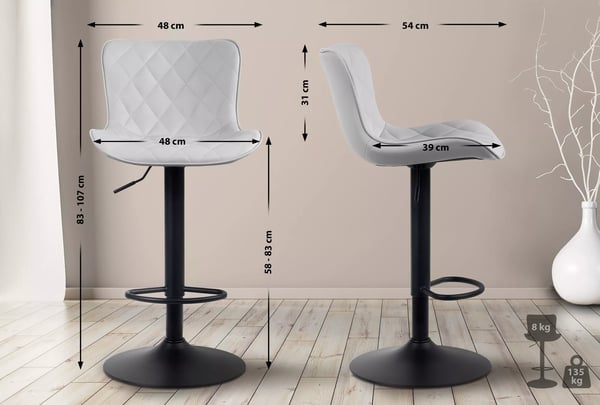 Emma Barstol i kunstlæder - Hvid med metalramme, 360° drejefunktion, justerbar højde, fodstøtte