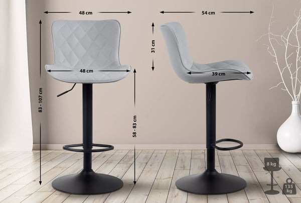 Grå barstol i konstläder med metallställ, justerbar höjd och 360° svängbar bas
