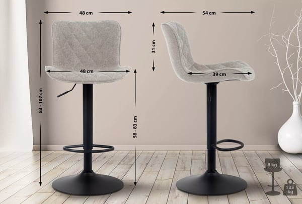 Emma Taupe stof barstol med metalstel, justerbar højde, drejefunktion, 360° rotation