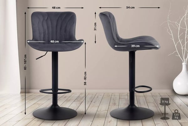 Linus Fløjl Barstol - Sort med Mat Sort Metalstel, Justerbar Højde, Drejefunktion, 135 kg Kapacitet