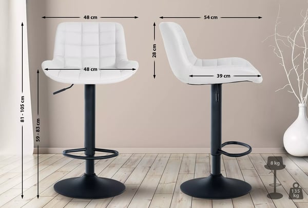 Tover justerbar barstol - hvid kunstlæder med metalramme