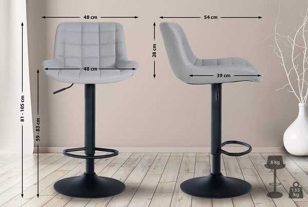 Grey Bar Stool with Metal Rack, Upholstered Seat and Faux Leather