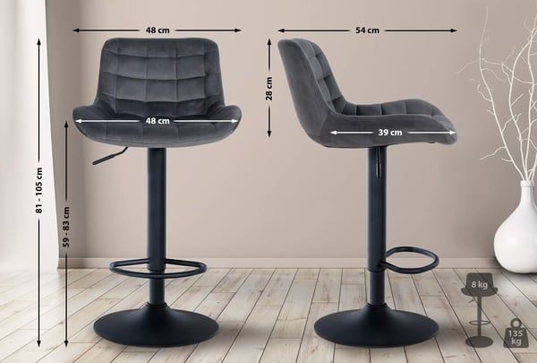 Tover Mørkegrå Fløjl Barstol med Sort Metalstel, Justerbar Højde og Drejefunktion