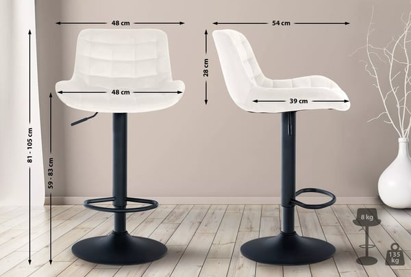 Tover fløjlsbarstol, creme, metalramme, højdejusterbar og drejelig