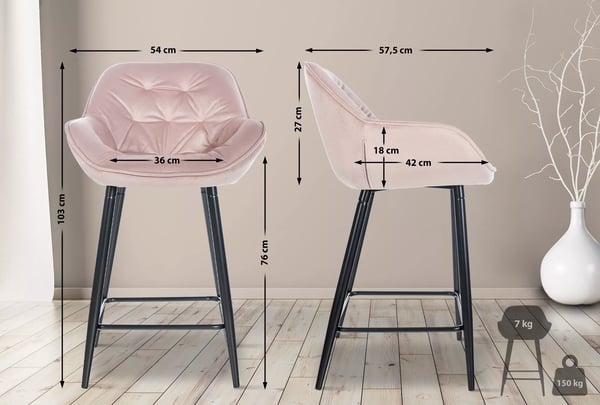 Pink fløjl Gibson barstol med metalramme, 76 cm sædehøjde
