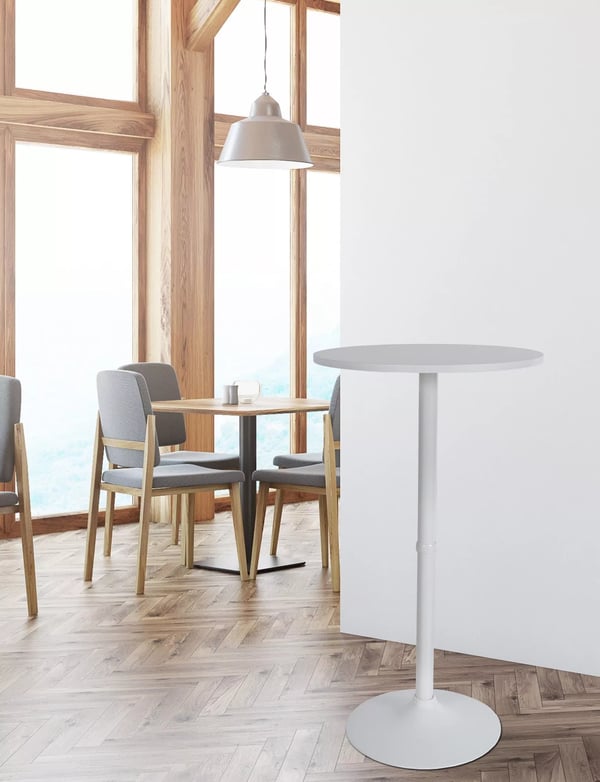 Rundt barbord - 60 cm diameter, hvid træplade, krom metalfod