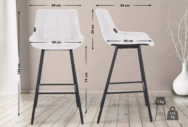 Weston Barstol i Konstläder, Vit, Metallram, Ergonomiskt Ryggstöd, 74 cm Sitthöjd, 135 kg Lastkapacitet