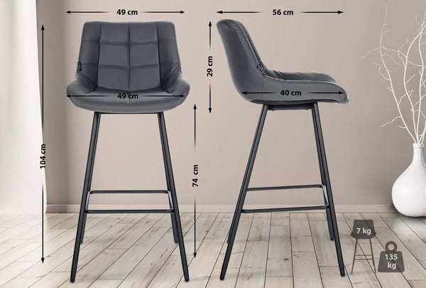 Weston Grå Barstol i Kunstlæder med Metalstel - 74 cm Sædehøjde