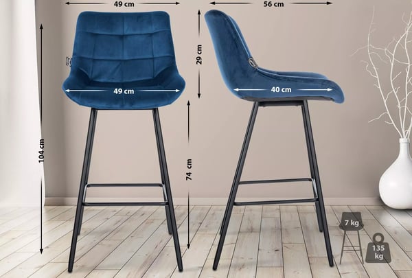 Weston Fløjls Barstol - Blå, Metalstel, 74cm Sædehøjde