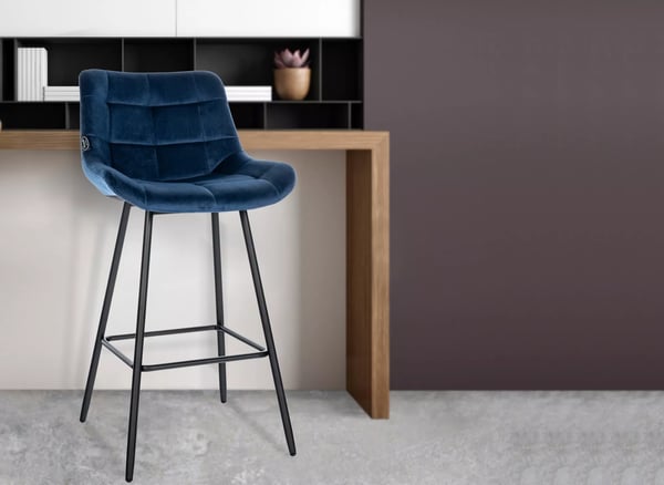 Weston Fløjls Barstol - Blå, Metalstel, 74cm Sædehøjde