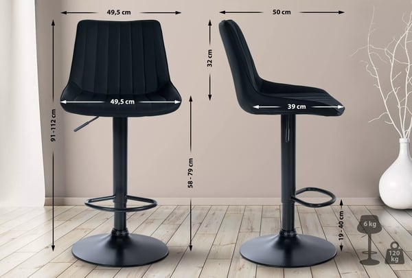 Toni Sort Kunstlæder Barstol med Metalstel - Højdejusterbar, Drejesæde