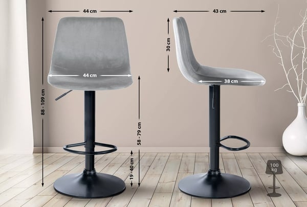 Divo Fløjls Barstol - Grå Fløjl, Metalramme, Højdejusterbar Drejelig Barstol
