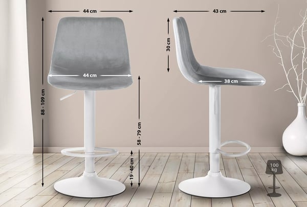Divo grå fløjl barstol med metalstel