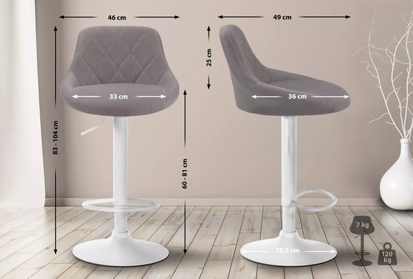 Grå stof barstol med metalfod - justerbar højde, 360 drejefunktion