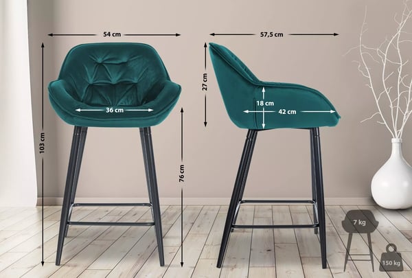 Gibson Mørkegrøn Fløjl Barstol med Metalstel, 76 cm Sædehøjde