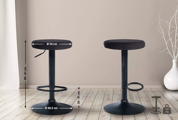 Ponte sort fløjl barstol med metalstativ, højdejusterbar og drejelig