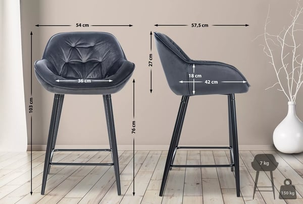 Gibson 76\" mørkegrå velour barstol med metalstativ