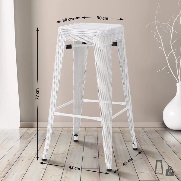 Fletcher Hvid Metal Barstol med Perforeret Ramme og Fodstøtte - Industrielt Design, Stabelbar, 77 cm Sædehøjde, 120 kg Kapacitet