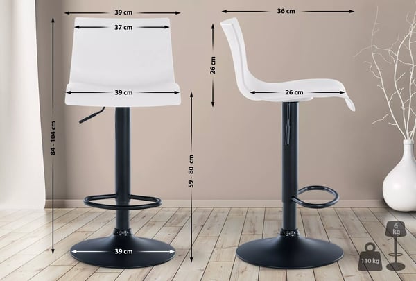 Branford moderne justerbar barstol - hvidt plastsæde med mat sort metalramme