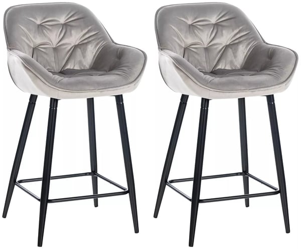 Set med 2 gråa Gibson barstolar i sammet med matt svart metallram