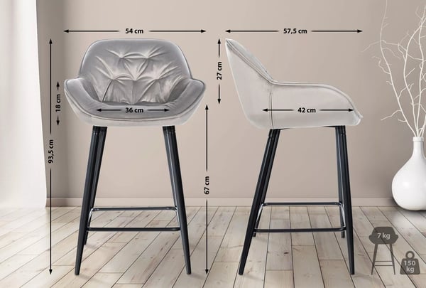 Gibson-baarituolit, harmaa sametti, mattamusta metallirunko (2 kpl setti)