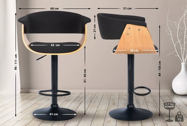 Vestal 360 drejelig barstol med fodstøtte - Natura/sort stof & mat sort metalramme