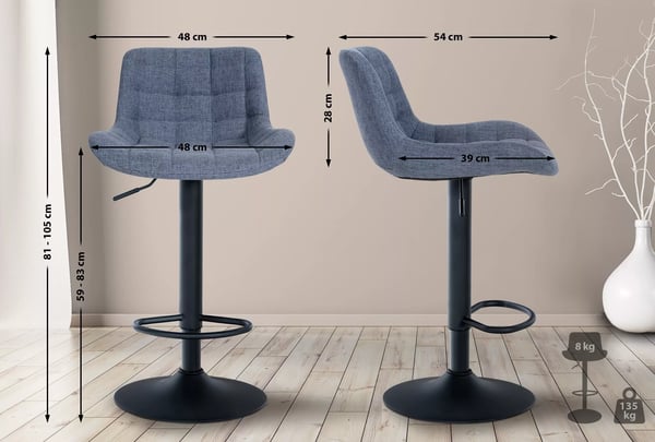 Sæt med 2 blå fløjlsbarstole med metalramme, højdejusterbare, drejelige, fodstøtte, aftageligt betræk