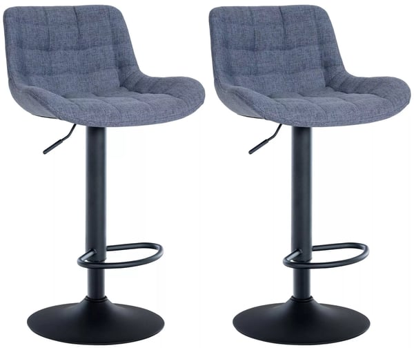 Set med 2 blå barstolar i sammet med metallram, justerbar höjd, svängbar, fotstöd, avtagbart överdrag