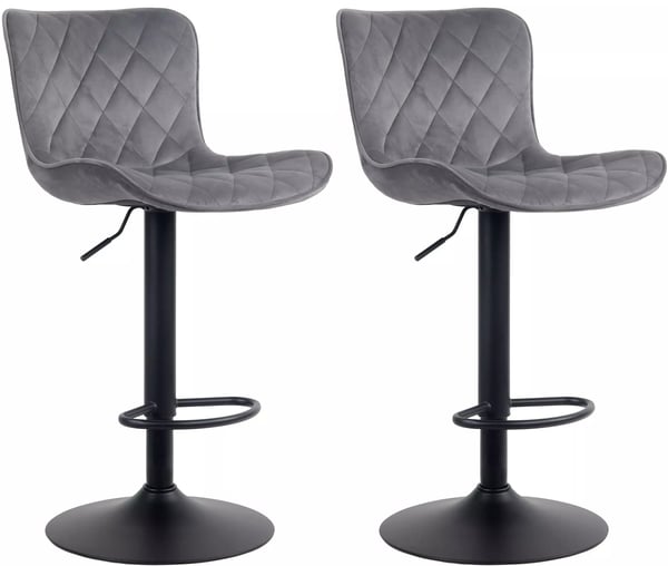 Set med 2 mörkgråa barstolar i sammet med metallfot, justerbar höjd, 360° svängbar