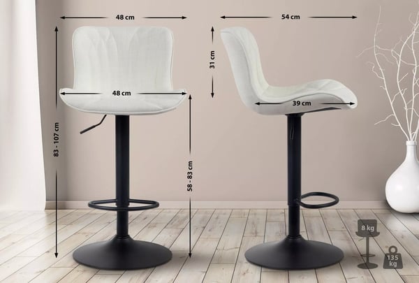 Set med 2 Linus Barstolar i Tyg med Vertikalt Quiltat Mönster, Krämfärgad Klädsel och Matt Svart Metallram, Justerbar Höjd